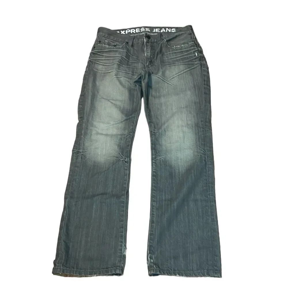 Men’s Express Slim Grey Jeans Low rise straight leg Rocco, Y2K distressed, 32x30